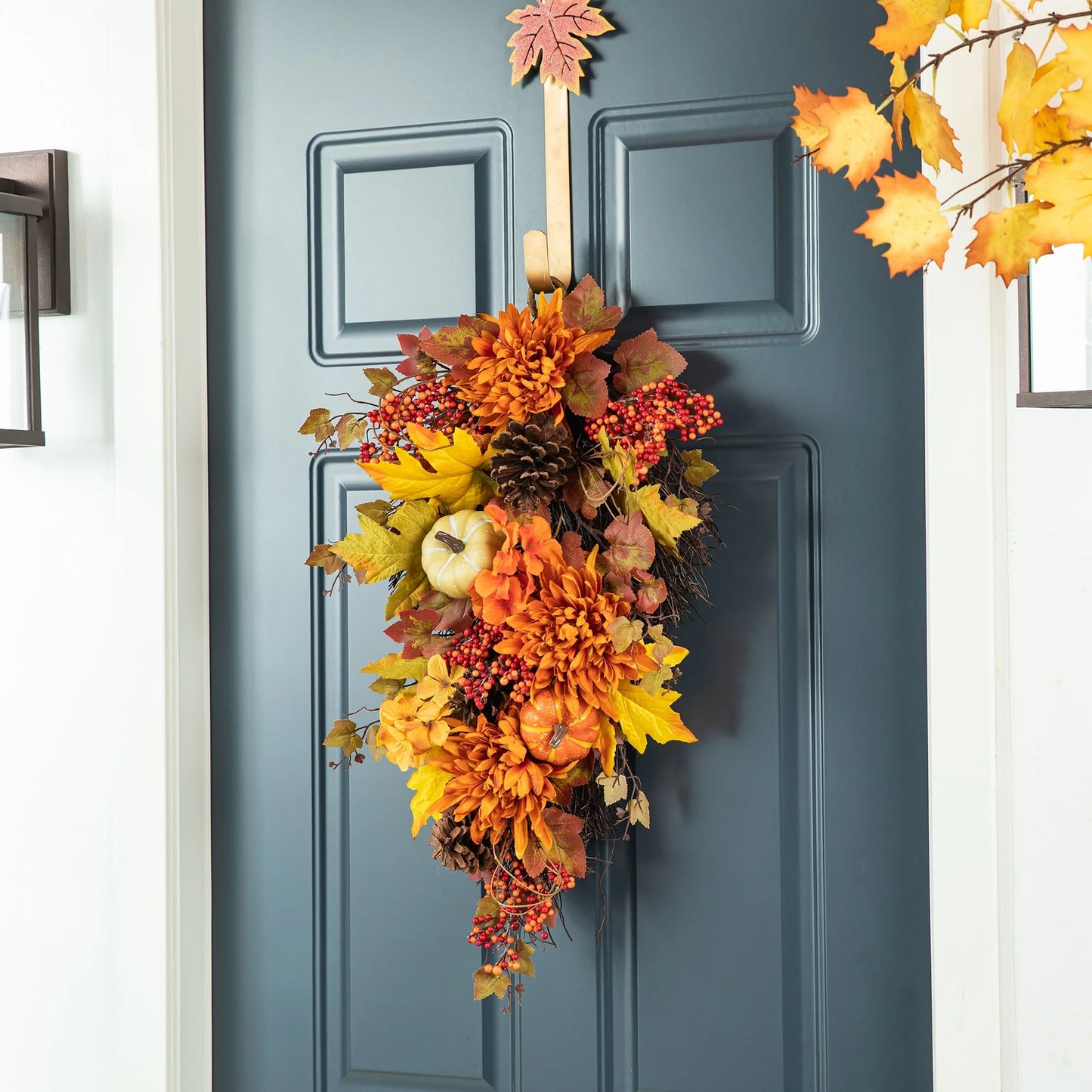 Glitzhome 26"H Fall Sunflower Pumpkin Lotus Leaf Teardrop Swag for Thanksgiving