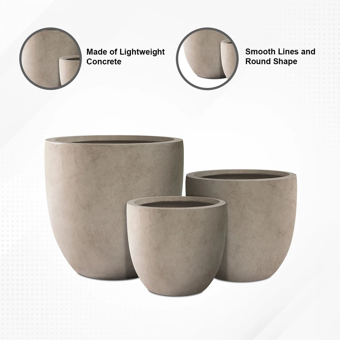 Kante 18", 14", 10"W Weathered Concrete Round Planters (Set of 3), Outdoor/Indoor, Modern, Lightweight
