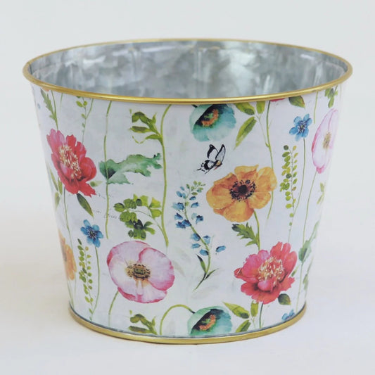 White With Colorful Flowers Metal Bucket Shape Planter