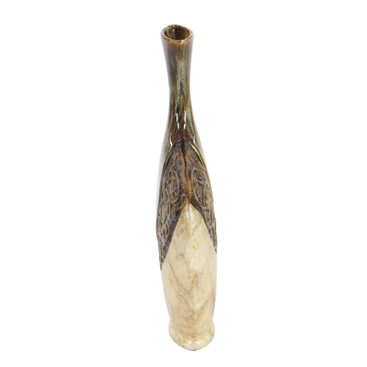 Ceramic Vase with Embedded Details and Capiz Shell Accents - Brown - Roche River Decor