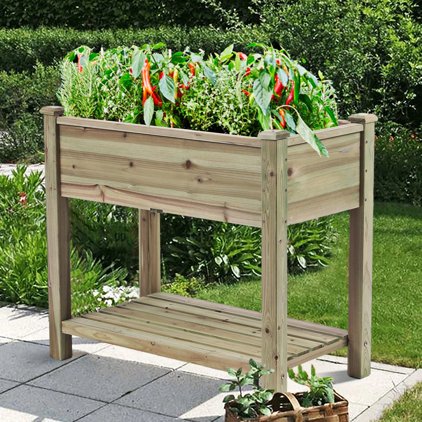 29.9" H Natural Wood Rectangular Raised Garden Planter with Shelf