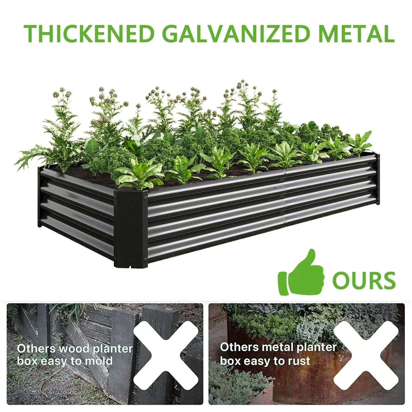 Outdoor Galvanized Metal Raised Garden Bed Kit - 6 x 3 x 1 ft