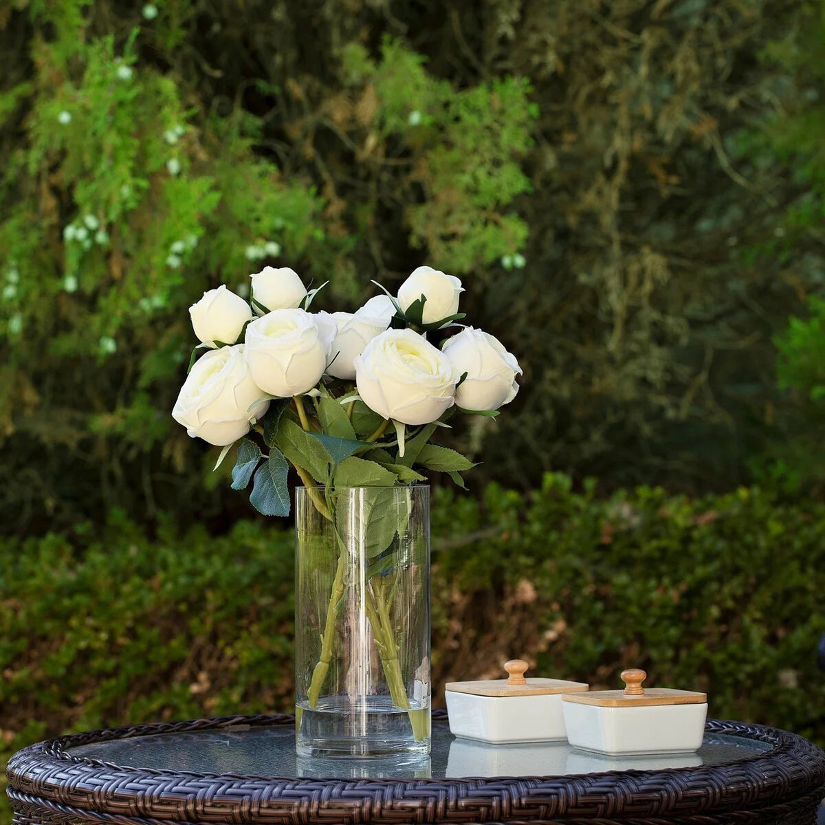 Enova Home Artificial Silk Rose Flowers in Clear Glass Vase with Faux Water for Home Office Wedding Decoration - N/A