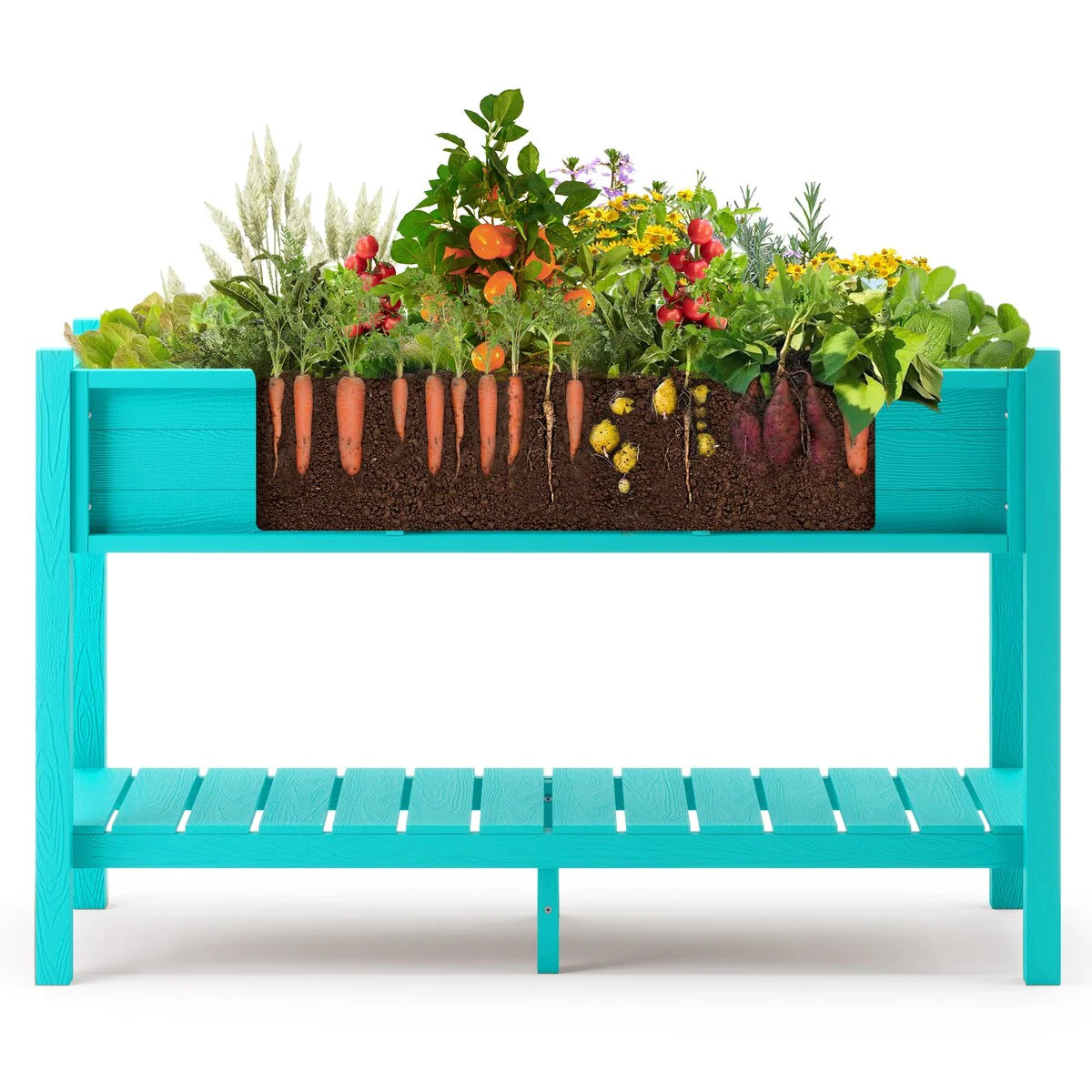 LUE BONA Patio Plastic Raised Elevated Garden Bed HDPS Planter Box Stand with Storage Shelf and Legs