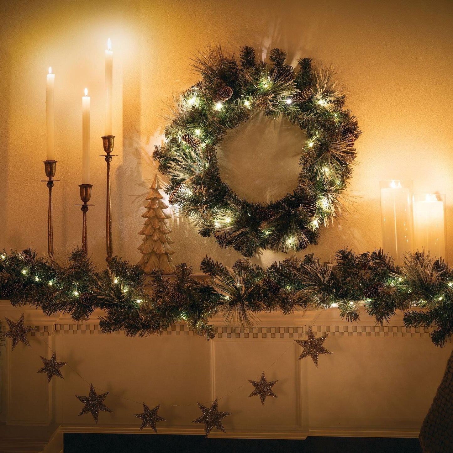 Sullivans Artificial 9' Flocked LED Pine Christmas Garland with Pinecones, Green, Indoor Christmas Decor