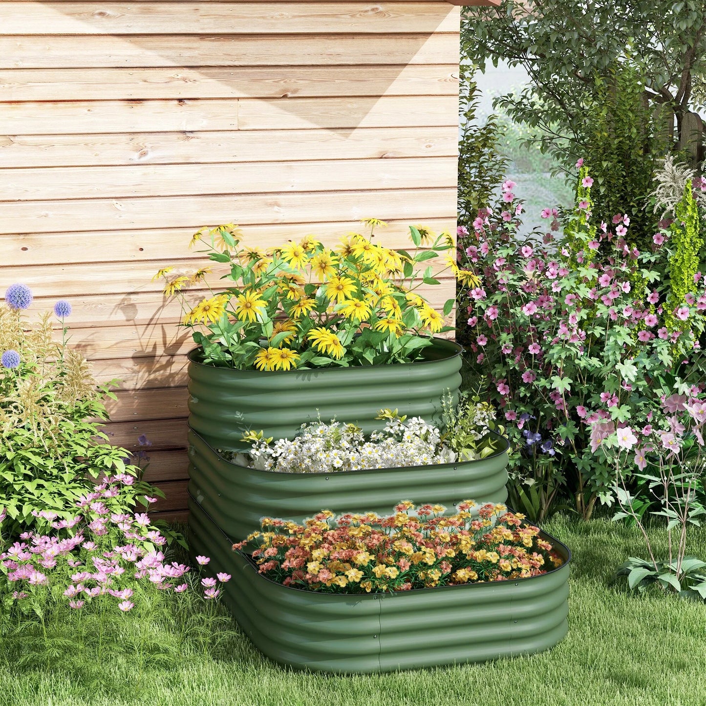 Outsunny 3-Tier Galvanized Steel Raised Garden Bed Kit, 62.25" x 43" x 32.25", 3 Combining Planter Boxes
