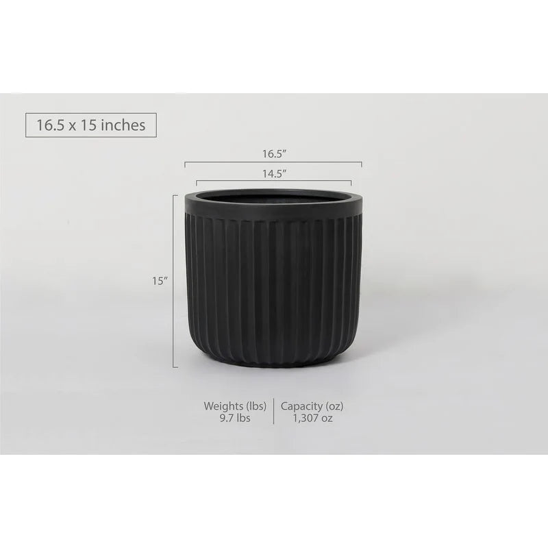 Indoor/Outdoor Large 1-Piece Minimalist Fiberstone Lightweight Short Round Planter Pot With Grooves - 16, 13, 11 in Matte Finish