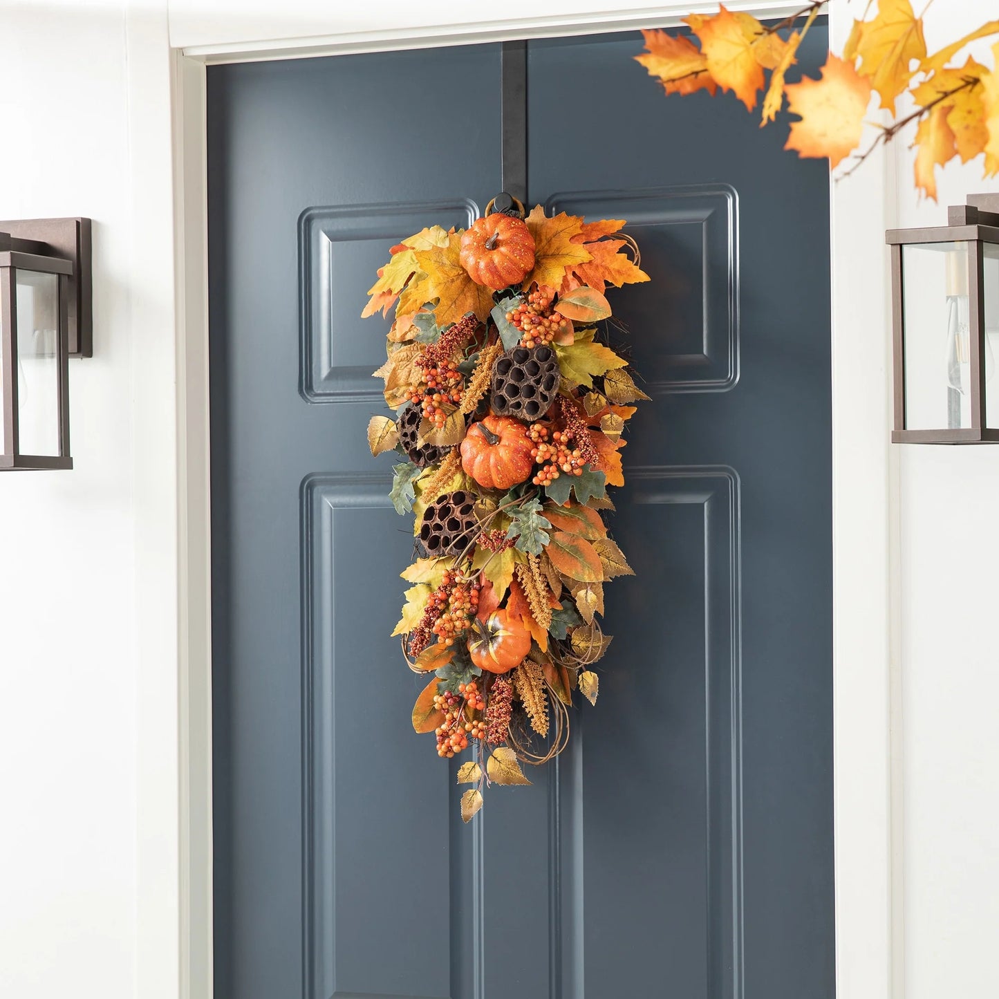Glitzhome 26"H Fall Sunflower Pumpkin Lotus Leaf Teardrop Swag for Thanksgiving