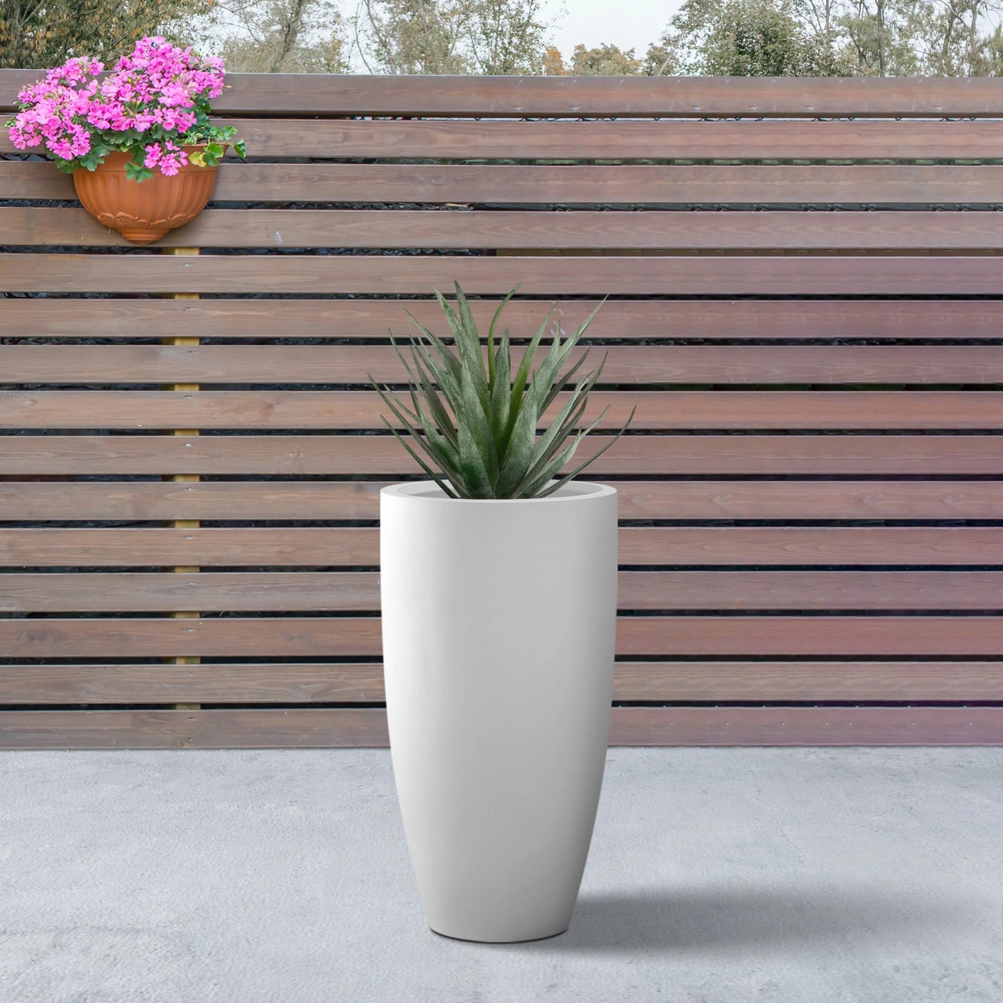 Kante Round Lightweight Concrete and Fiberglass Indoor Outdoor Weather Resistant Tall Planter with Drainage Hole