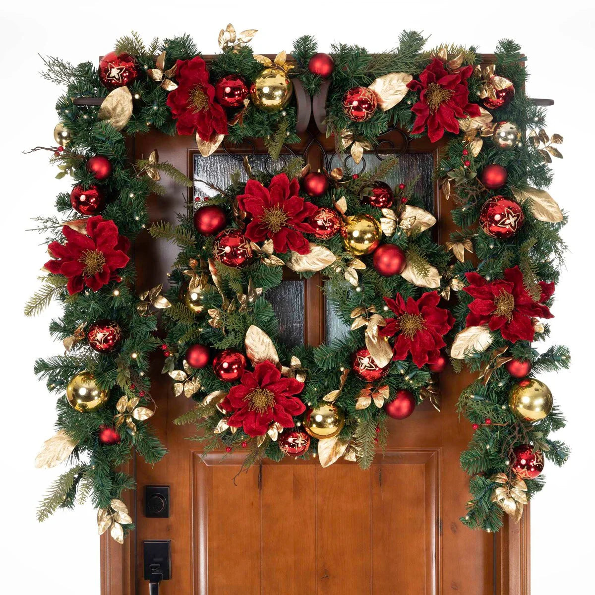 9 ft. Artificial Christmas Garland with Lights - Golden Leaf Red Magnolia - 9 Foot