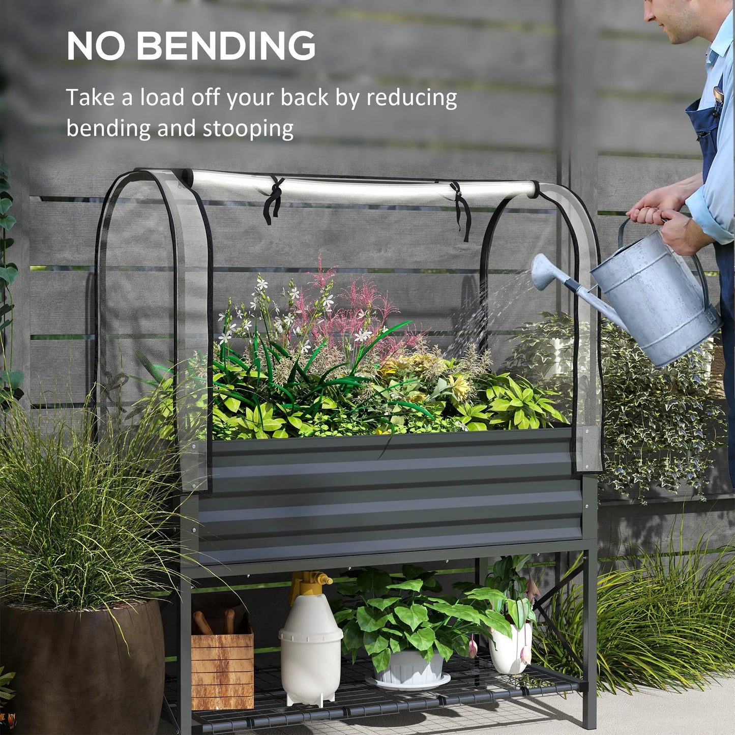 Outsunny Raised Garden Bed with Cover and Storage Shelf, Rectangular Metal Elevated Planter Box