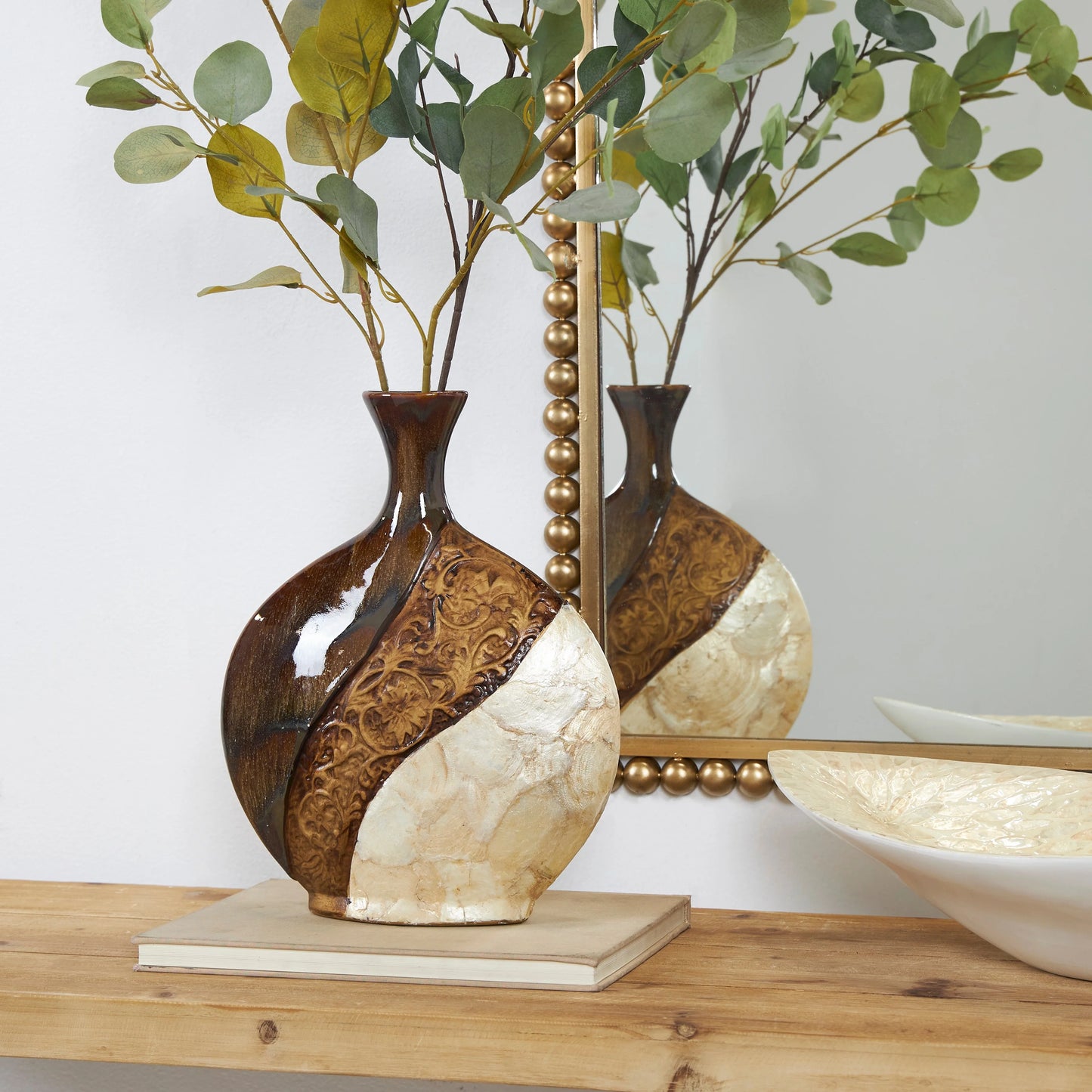 Ceramic Vase with Embedded Details and Capiz Shell Accents - Brown - Roche River Decor