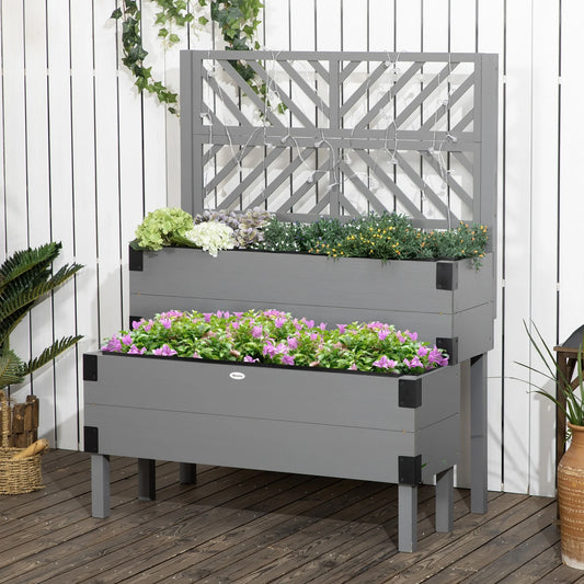 Outsunny 2 Tier Raised Garden Bed with Trellis, Wooden Elevated Planter Box with Legs and Metal Corners