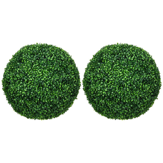 HOMCOM Set of 2 19.75 Inch Artificial Ball Boxwood Topiary Trees Balls, Indoor Outdoor Fake Plants for Home