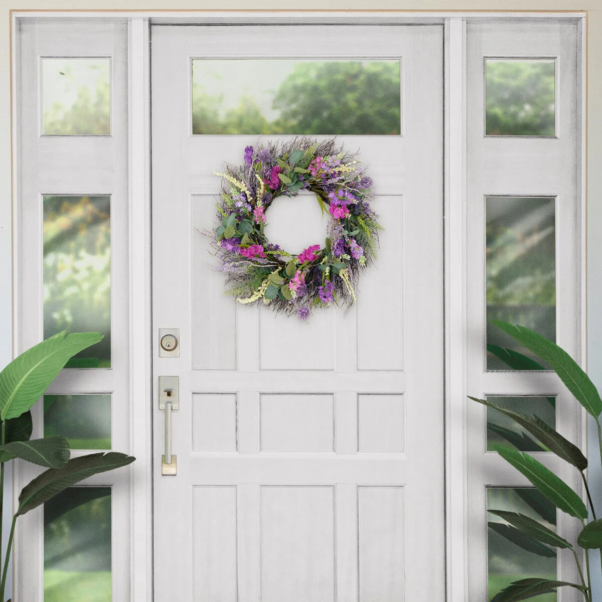 Puleo International 24" Artificial Eucalyptus Floral Spring Door Wreath, Green/Purple
