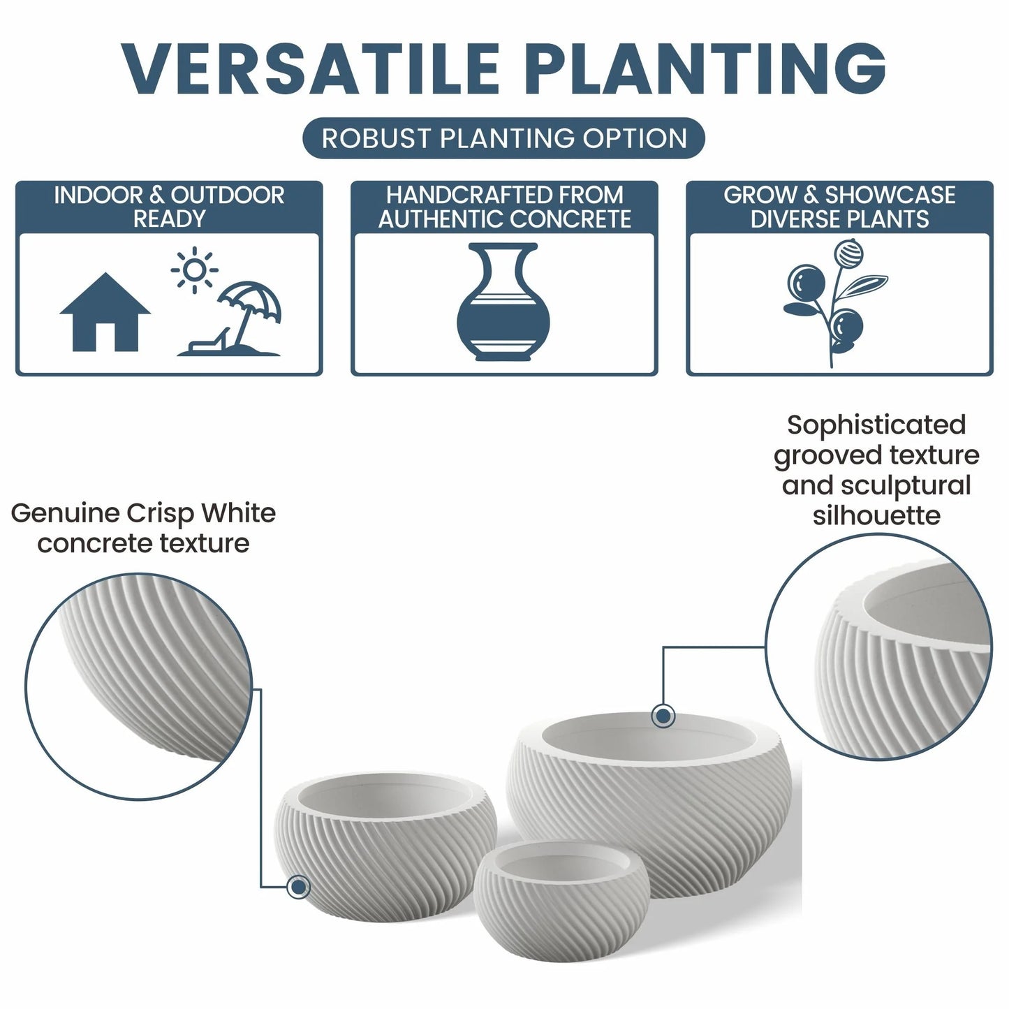 Textured Concrete Round Plant Pots / Large Indoor and Outdoor flower Planters