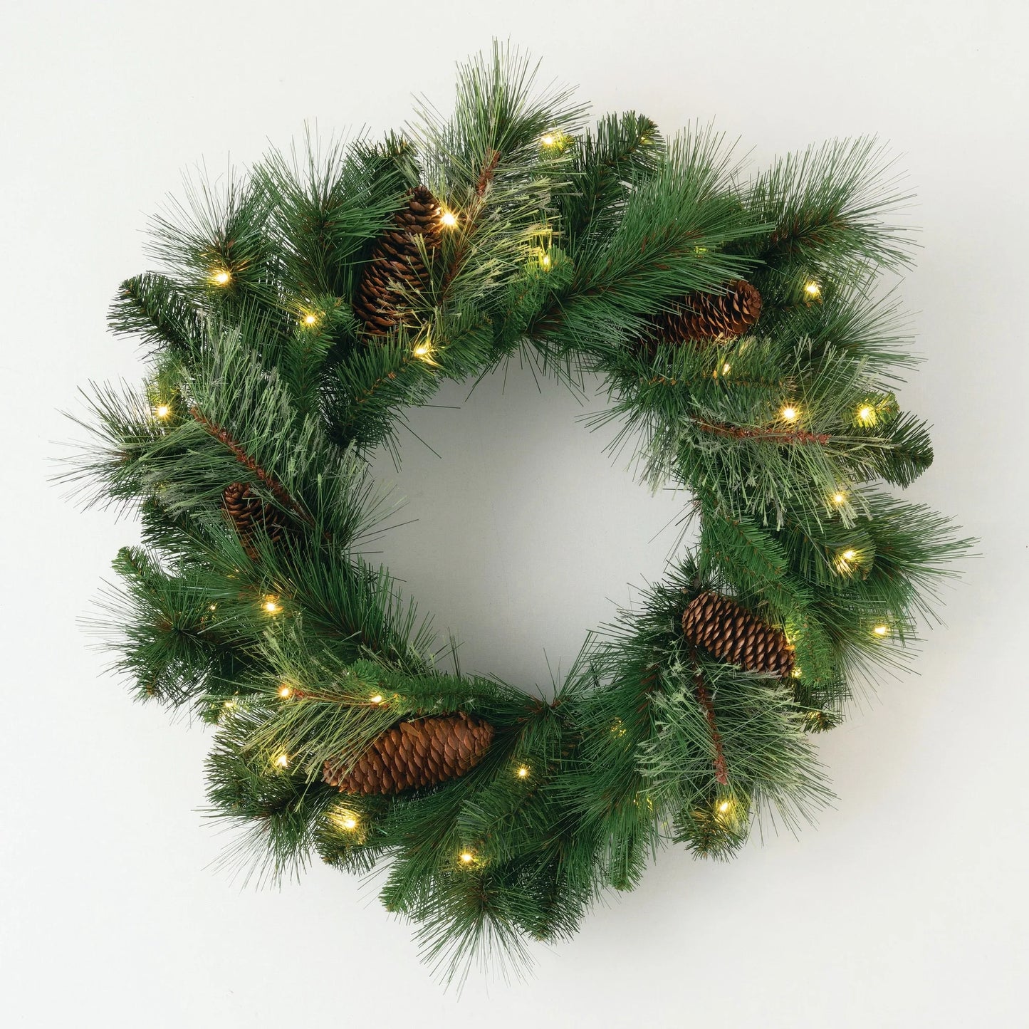 Sullivans Artificial 24" LED Mixed Pine Christmas Wreath with Pinecones, Green, Indoor Christmas Decor