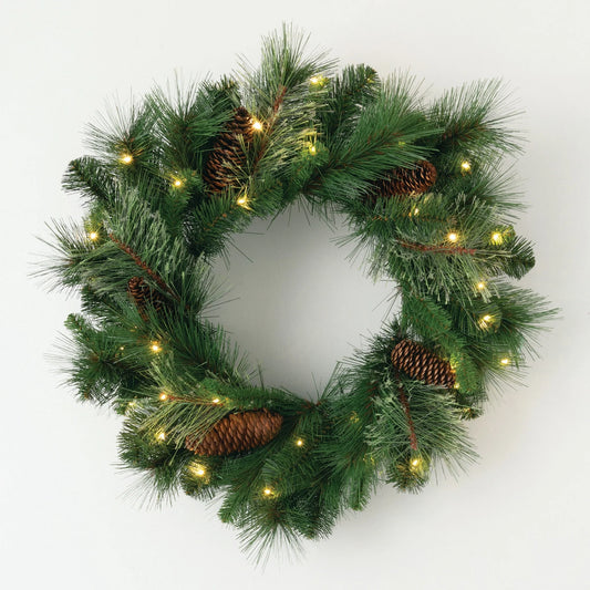 Sullivans Artificial 24" LED Mixed Pine Christmas Wreath with Pinecones, Green, Indoor Christmas Decor