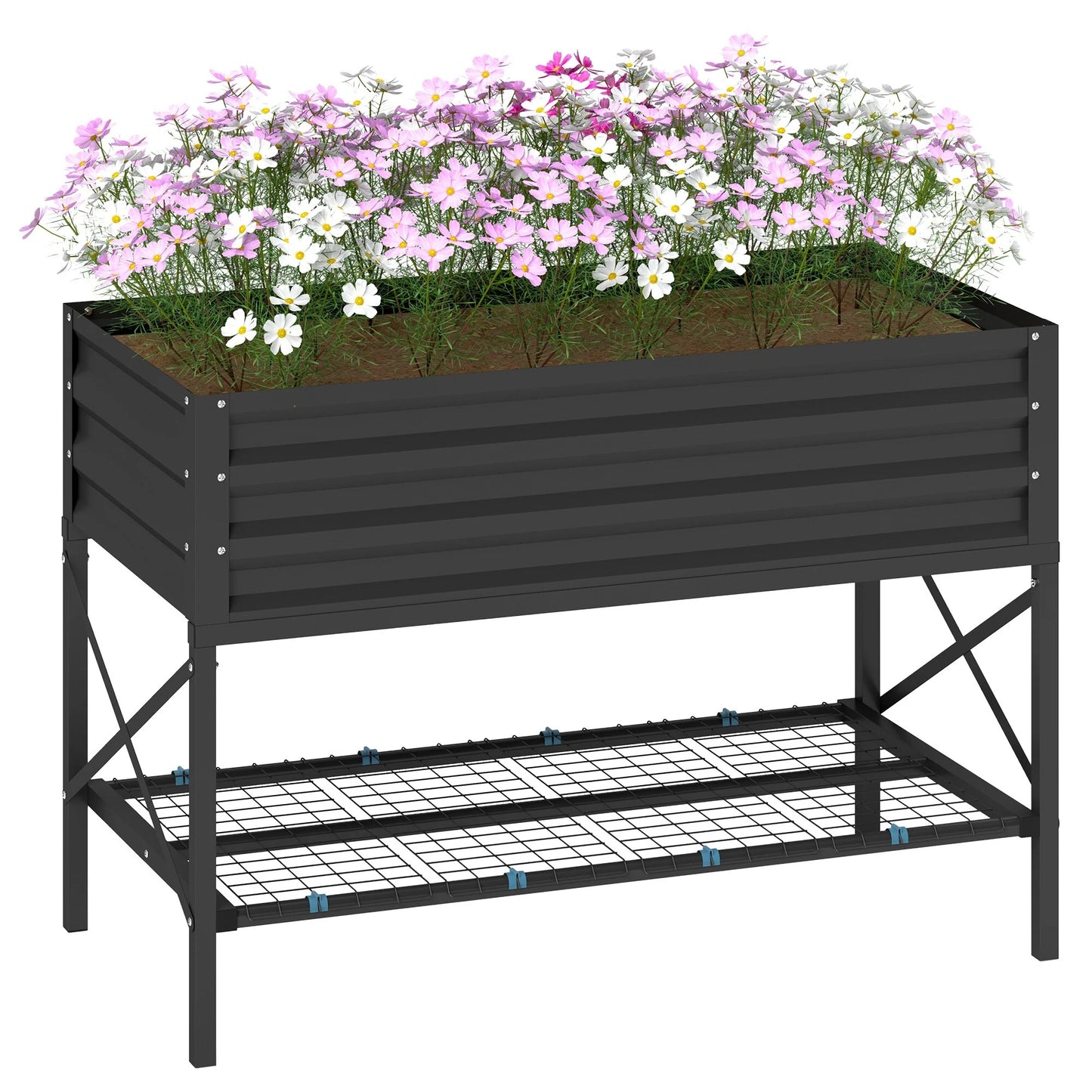 Outsunny Raised Garden Bed with Galvanized Steel Frame, Storage Shelf and Bed Liner, Elevated Planter Box