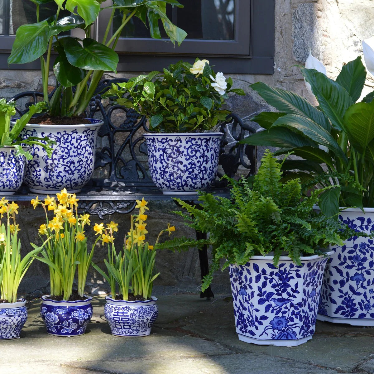Euro Ceramica Blue and White Aviary Garden Planter