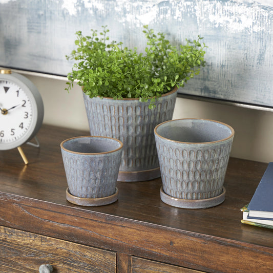 Ceramic Geometric Oval Patterned Indoor Outdoor Planter with Brown Accents and Base Tray - Set of 3 Blue - Roche River Decor