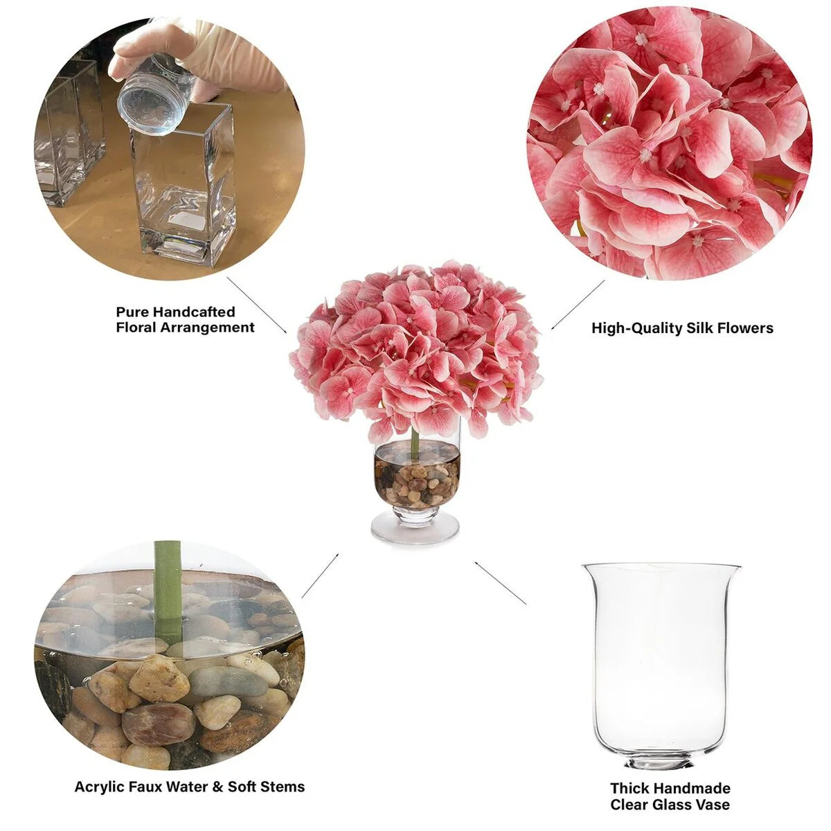 Real Touch Hydrangea Flower in Clear Glass Vase with Acrylic Water for Home Office Wedding Decoration
