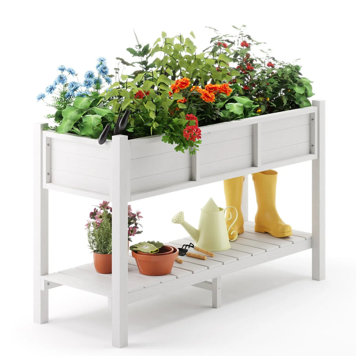 LUE BONA Patio Plastic Raised Elevated Garden Bed HDPS Planter Box Stand with Storage Shelf and Legs