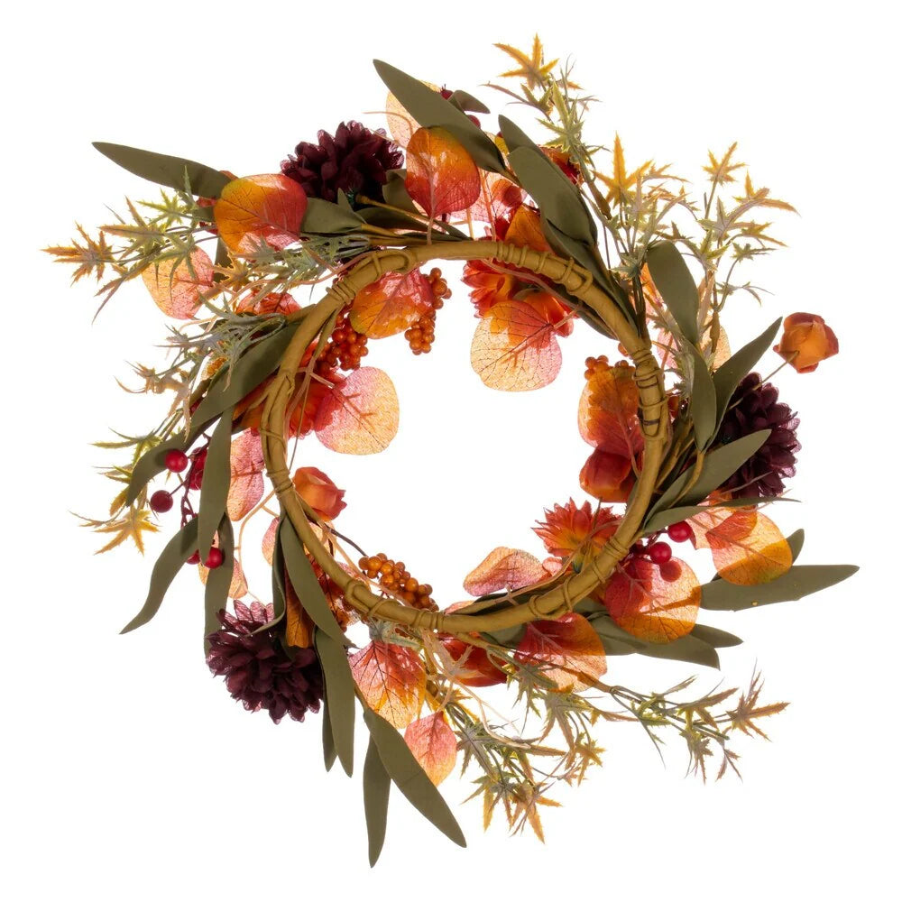 Vickerman 14" Orange and Burgundy Artificial Mixed Mum, Chinese Lantern, and Berry Wreath Candle Ring.