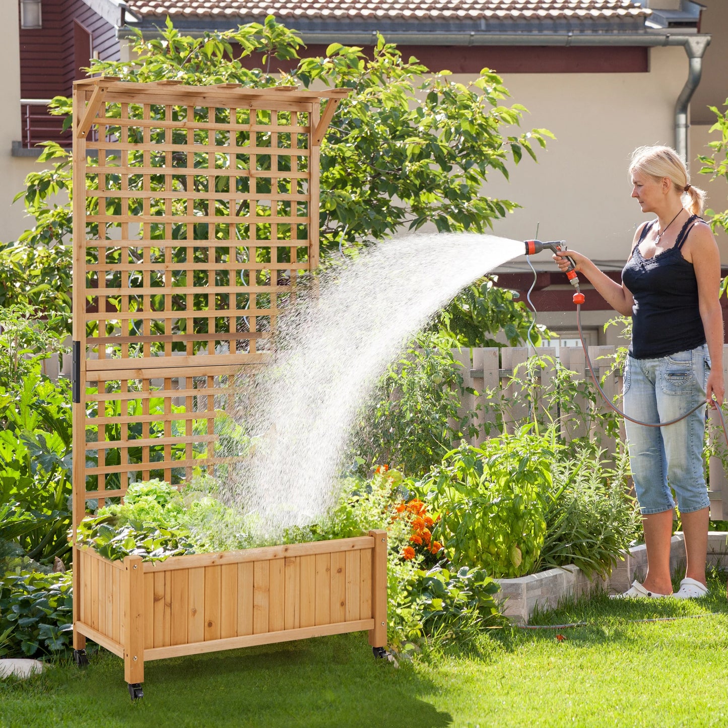 Yaheetech 72"H Wood Planter Raised Bed with Trellis Free Standing Planter Box for Garden Yard