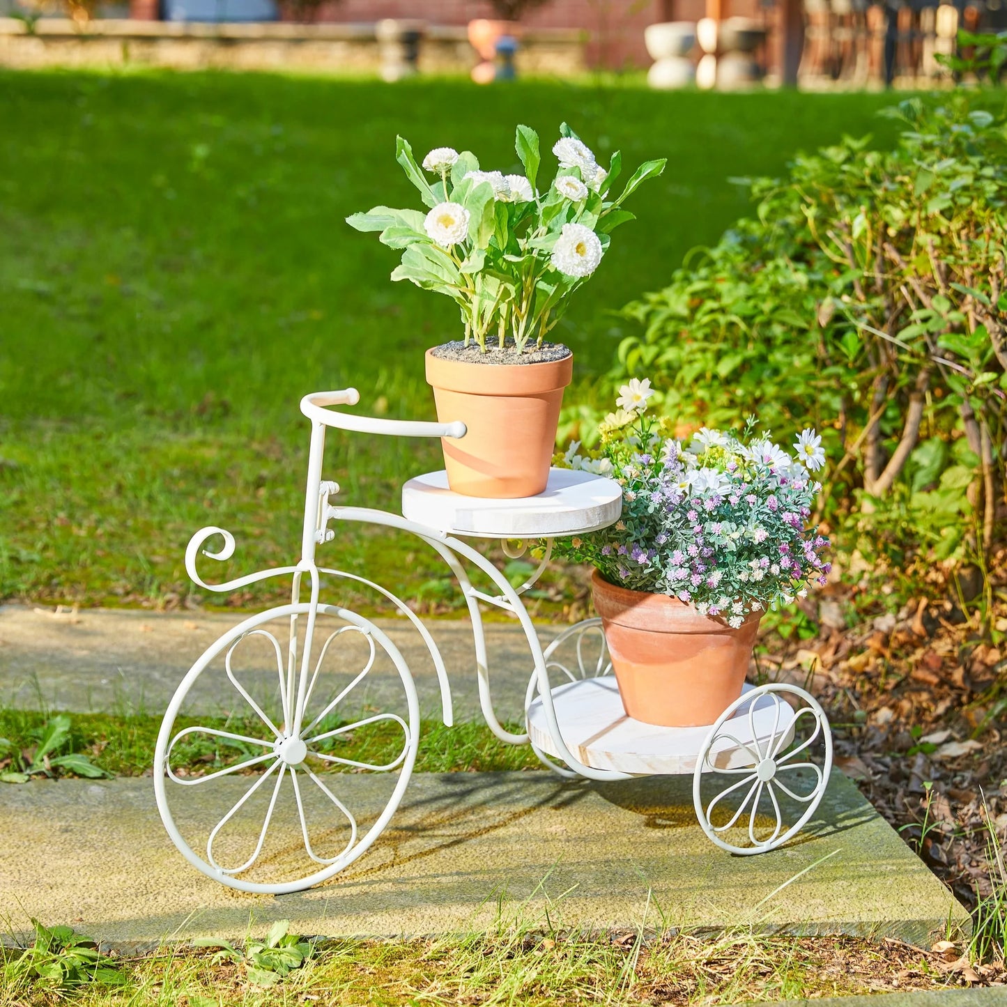 Glitzhome 24"L Spring Metal Tricycle Planter Stands Flower Pot Cart with Wood Trays