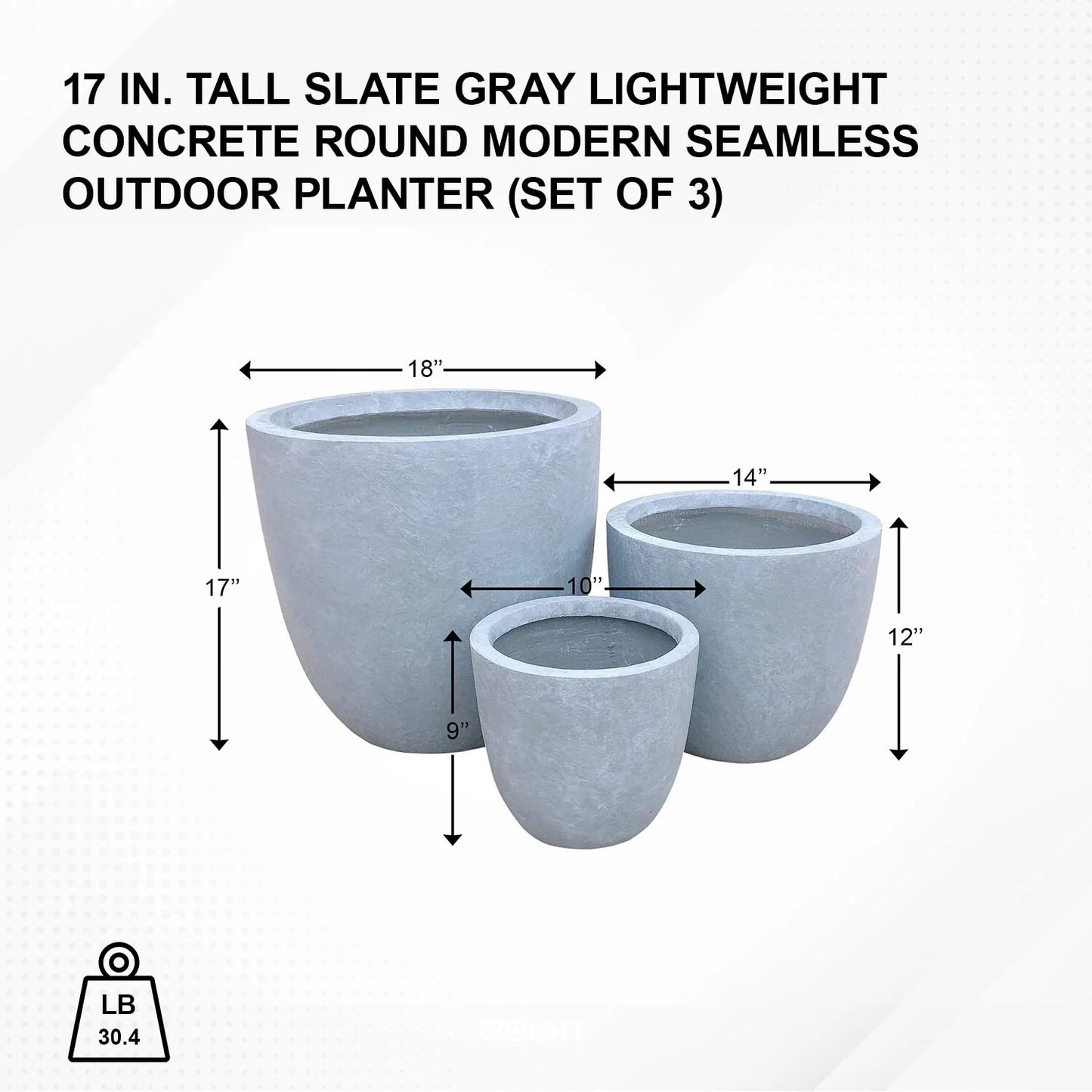 Kante Large Concrete Round Planters (Set of 3), Outdoor/Indoor, Modern, Lightweight, Weather Resistant (Slate Gray)