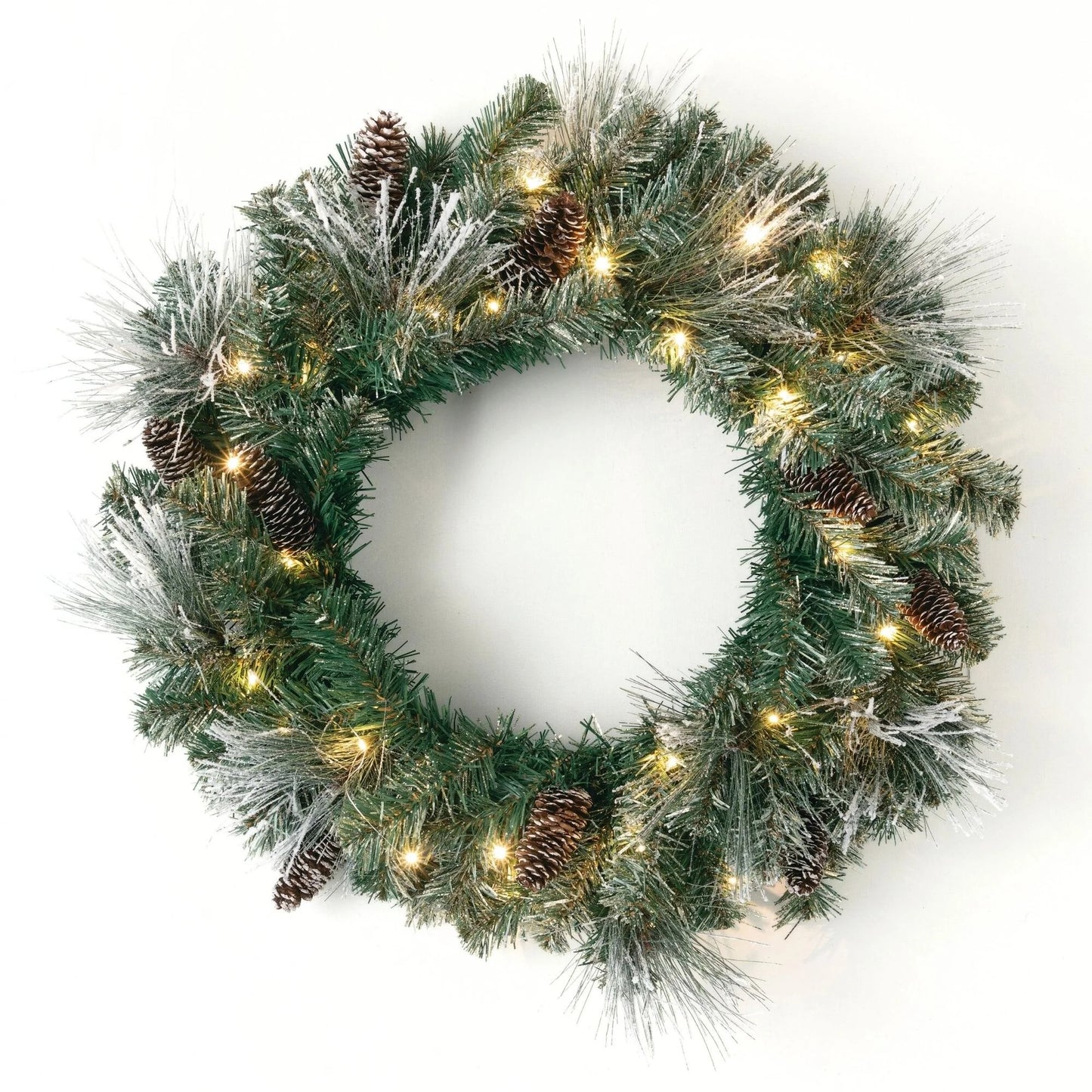 Sullivans Artificial 24" Flocked LED Pine Christmas Wreath with Pinecones, Green, Indoor Christmas Decor