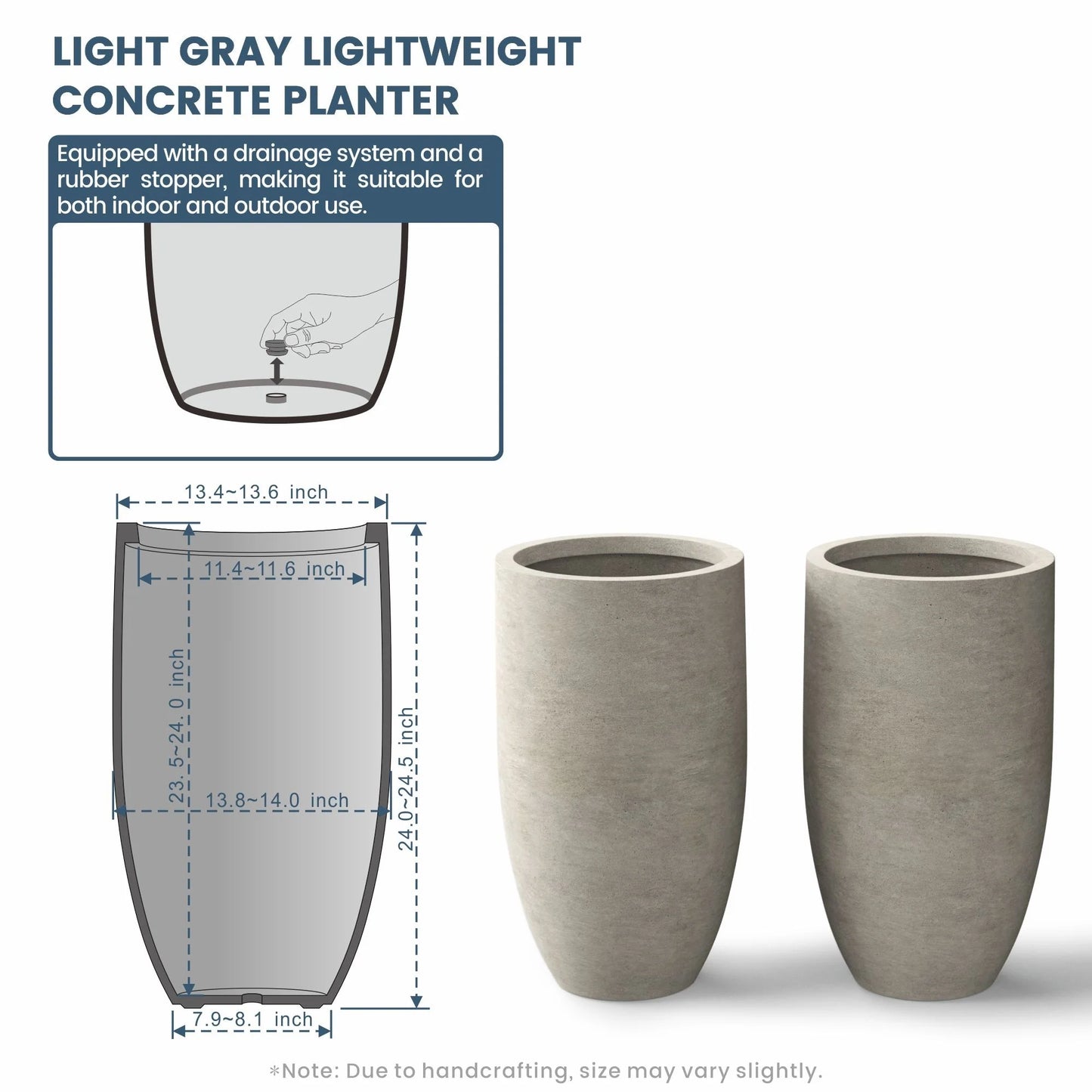 Textured Granite Gray Tall Concrete Round Plant Pots / Large Indoor and Outdoor flower Planters (13.5 Inch x 24.5 Inch)