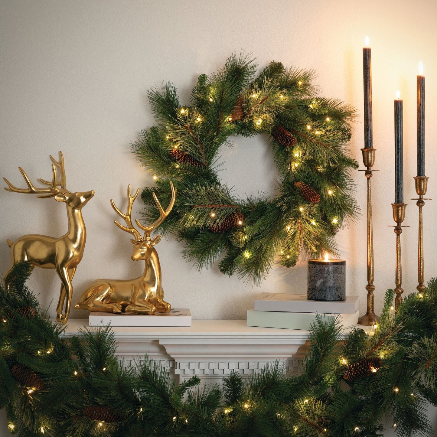 Sullivans Artificial 24" LED Mixed Pine Christmas Wreath with Pinecones, Green, Indoor Christmas Decor