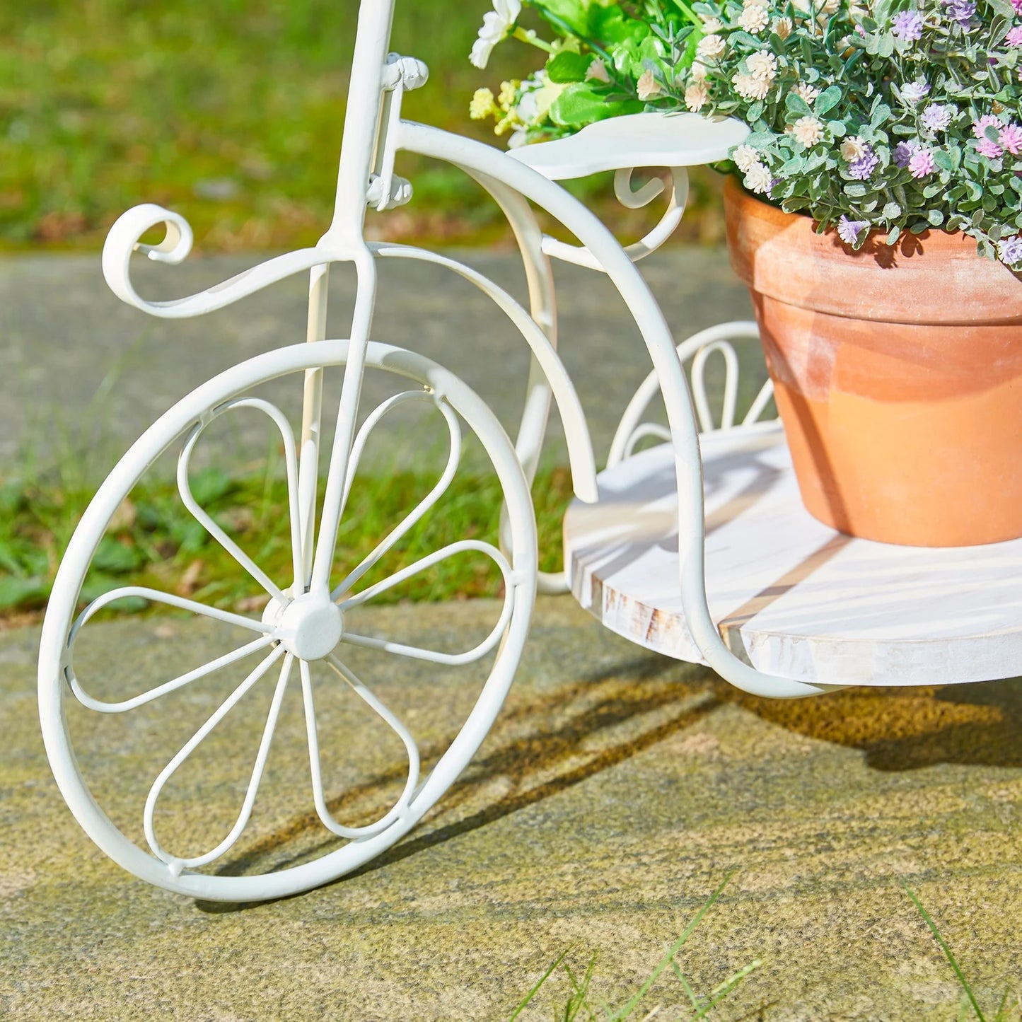 Glitzhome 24"L Spring Metal Tricycle Planter Stands Flower Pot Cart with Wood Trays