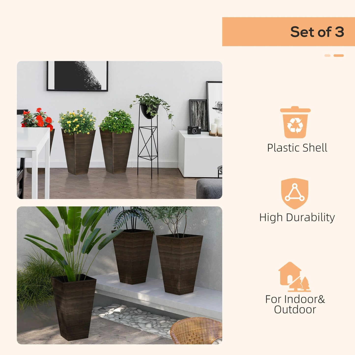 Outsunny 28" Tall Outdoor Planters, Set of 3 Large Taper Planters with Drainage Holes and Plug