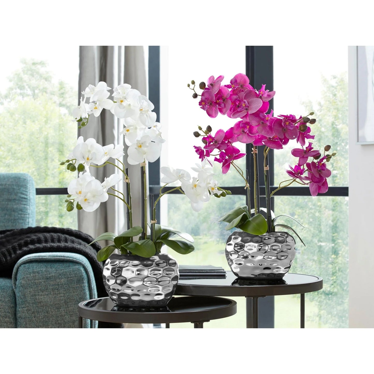 Artificial Orchid Phalaenopsis Plant Including Metallic Vase, 24"