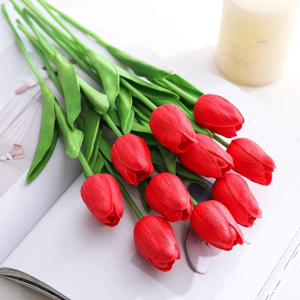Enova Home 20 Pcs Artificial PU Real Touch Tulips Fake Silk Flowers Stems for Party Home Wedding Decoration