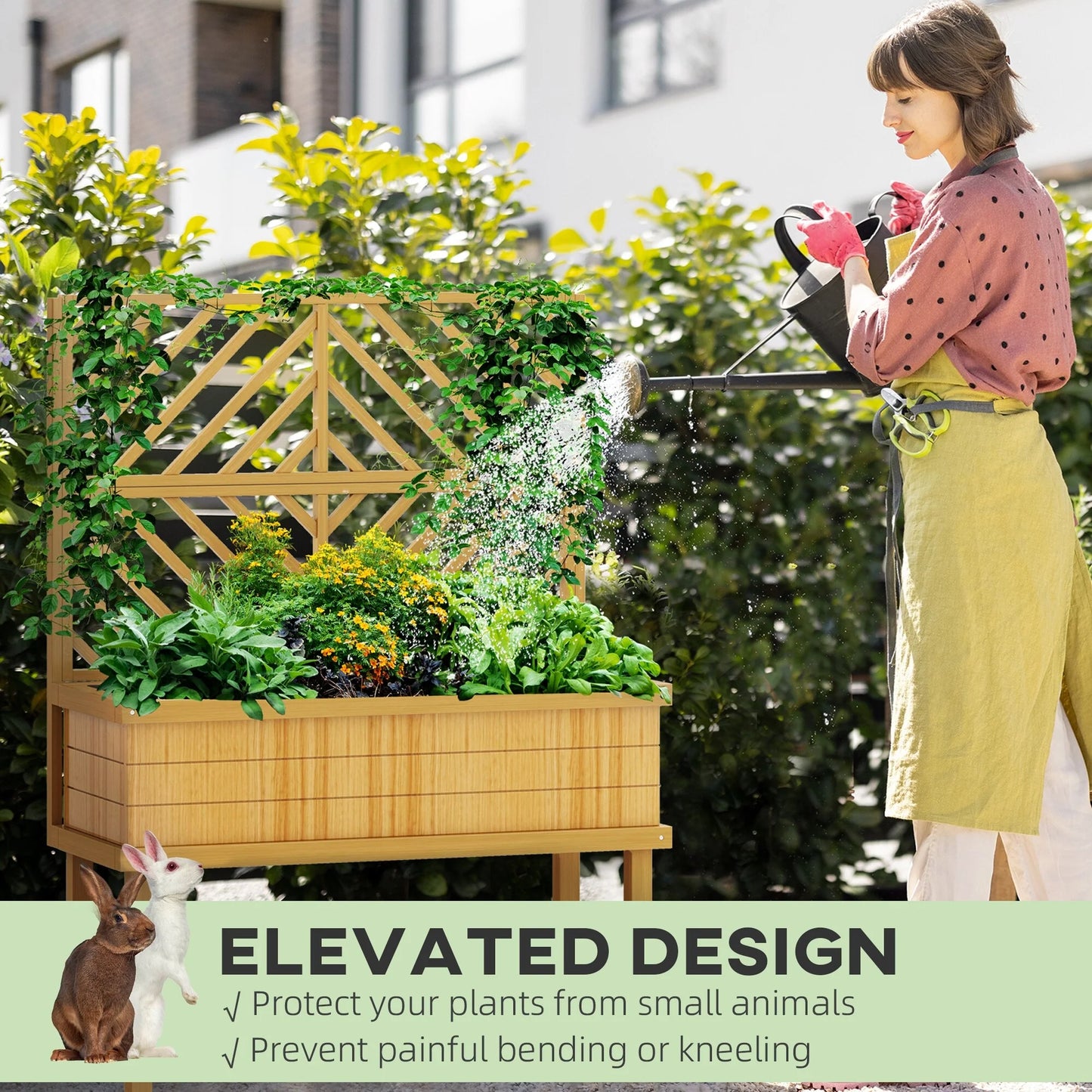 Outsunny Raised Garden Bed with Trellis for Climbing Plants, Vegetable, Grape Vines, Flowers, Wood Planter with Legs