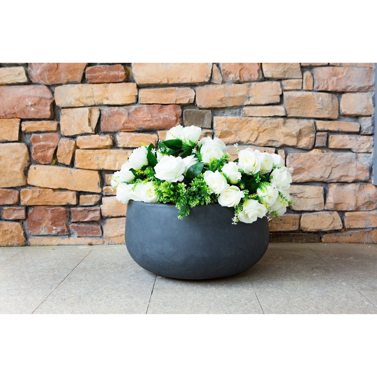 16"W Round Charcoal Lightweight Concrete/Fiberglass Indoor Outdoor Elegant Bowl Planter - 16"W x 16"L x 8"H