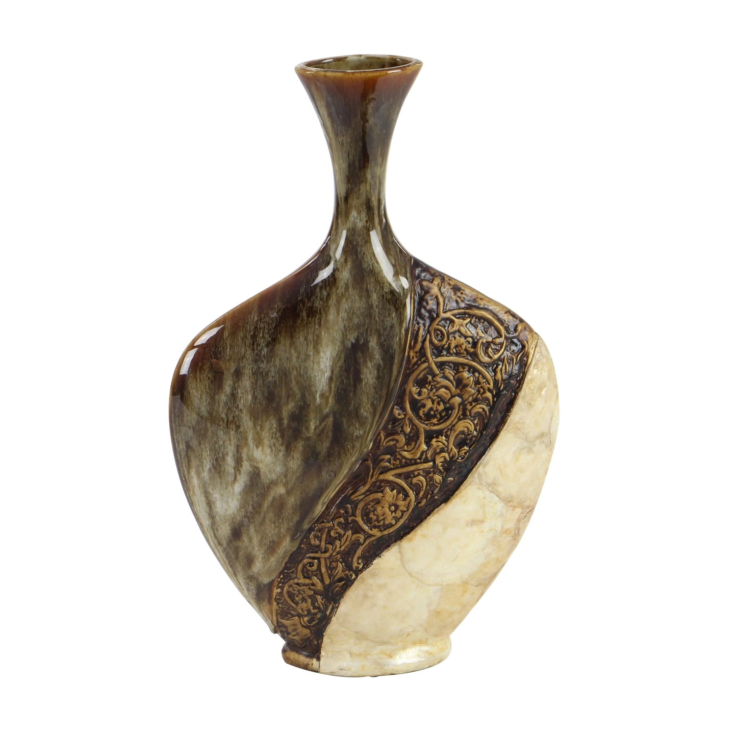 Ceramic Vase with Embedded Details and Capiz Shell Accents - Brown - Roche River Decor