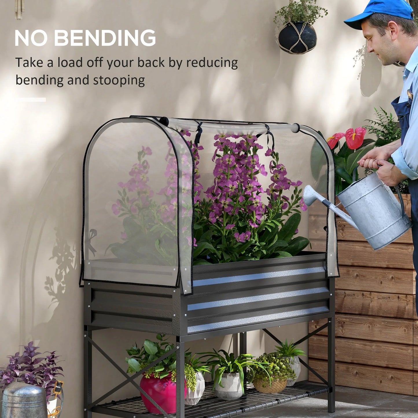 Outsunny Raised Garden Bed with Cover and Storage Shelf, Rectangular Metal Elevated Planter Box