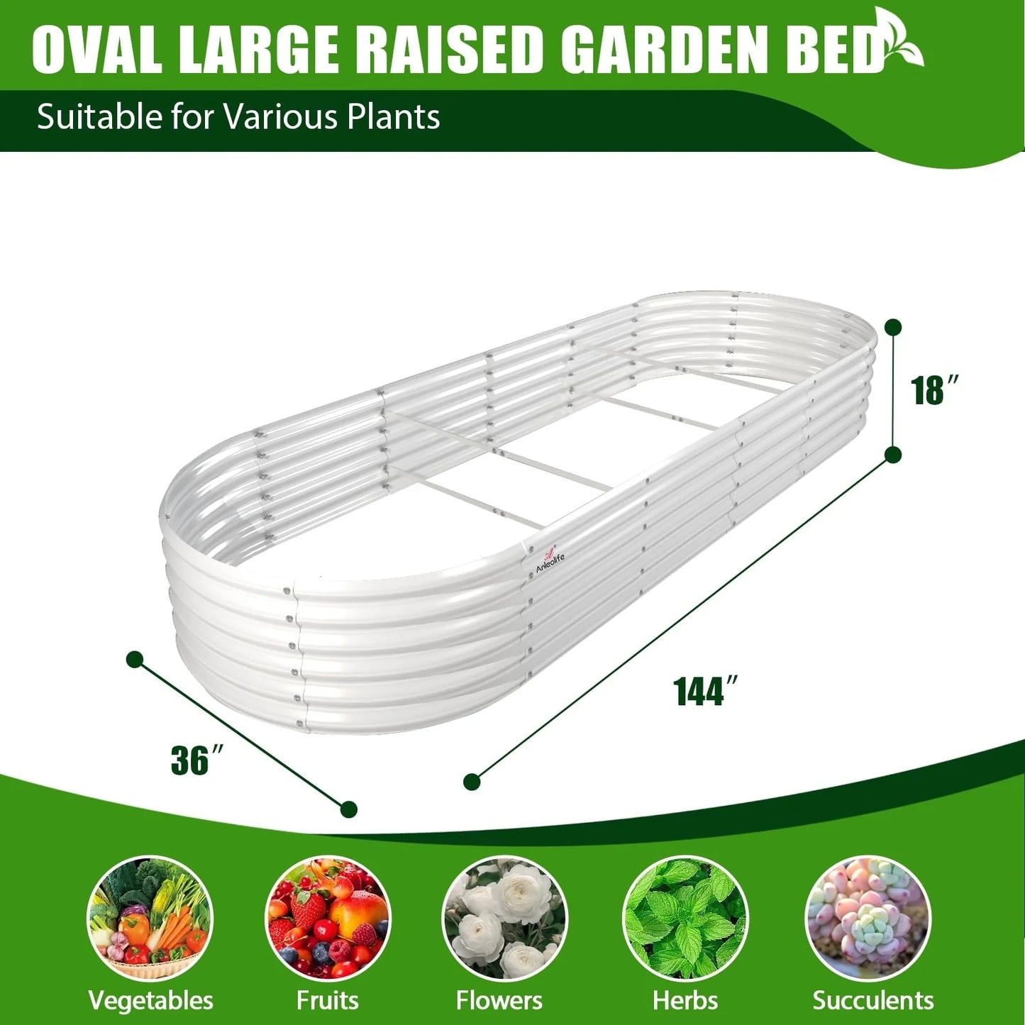 Outdoor 12 ft. x 3 ft. x 1.5 ft. Oval Extra Large Metal Anti-Rust Raised Garden Bed in Gray For Vegetables and Flowers