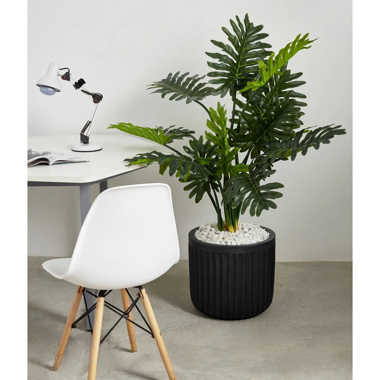 Indoor/Outdoor Large 1-Piece Minimalist Fiberstone Lightweight Short Round Planter Pot With Grooves - 16, 13, 11 in Matte Finish