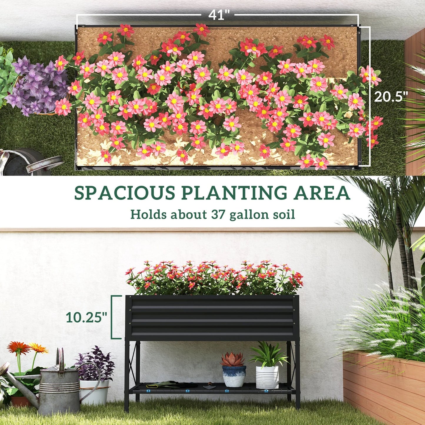 Outsunny Raised Garden Bed with Galvanized Steel Frame, Storage Shelf and Bed Liner, Elevated Planter Box