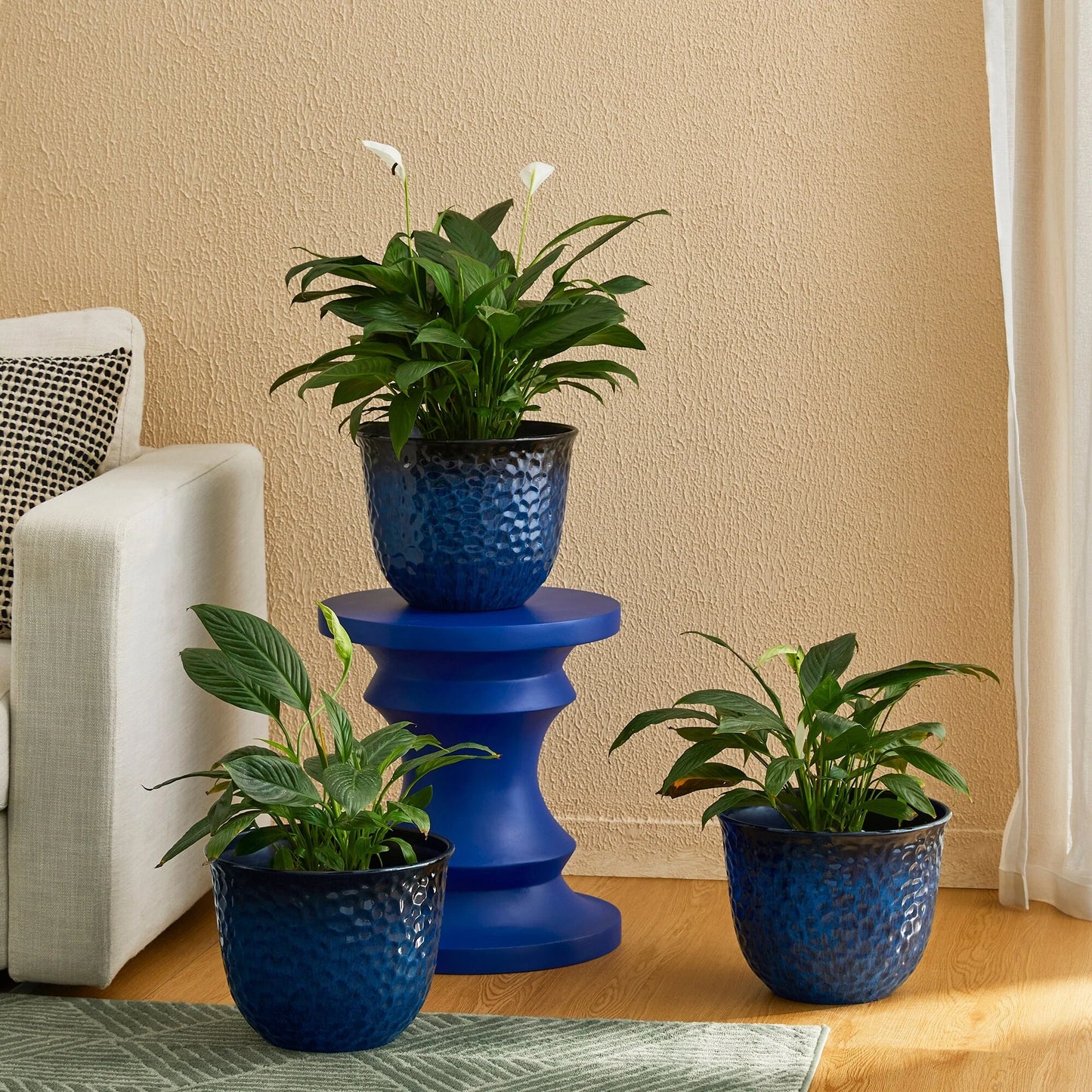 Glitzhome Honeycomb Textured Blue Green Faux Ceramic Pot Plastic Planter(Set of 2 / Set of 3)