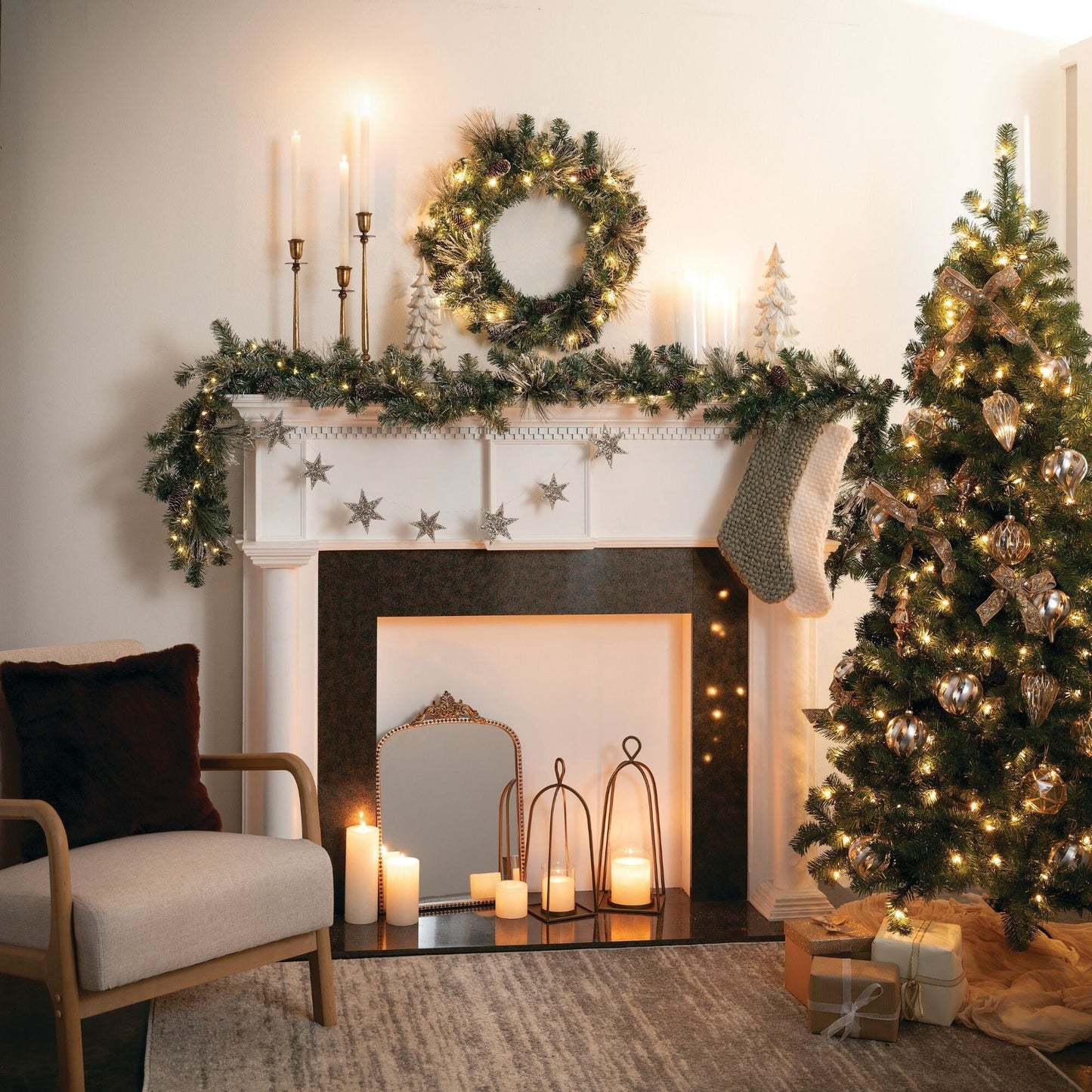 Sullivans Artificial 24" Flocked LED Pine Christmas Wreath with Pinecones, Green, Indoor Christmas Decor
