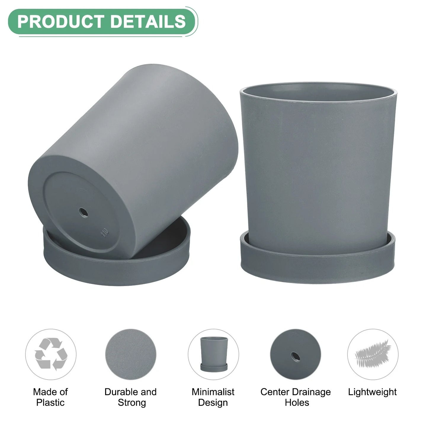 4-Pack Plant Pots, Plastic Pots with Drainage Holes