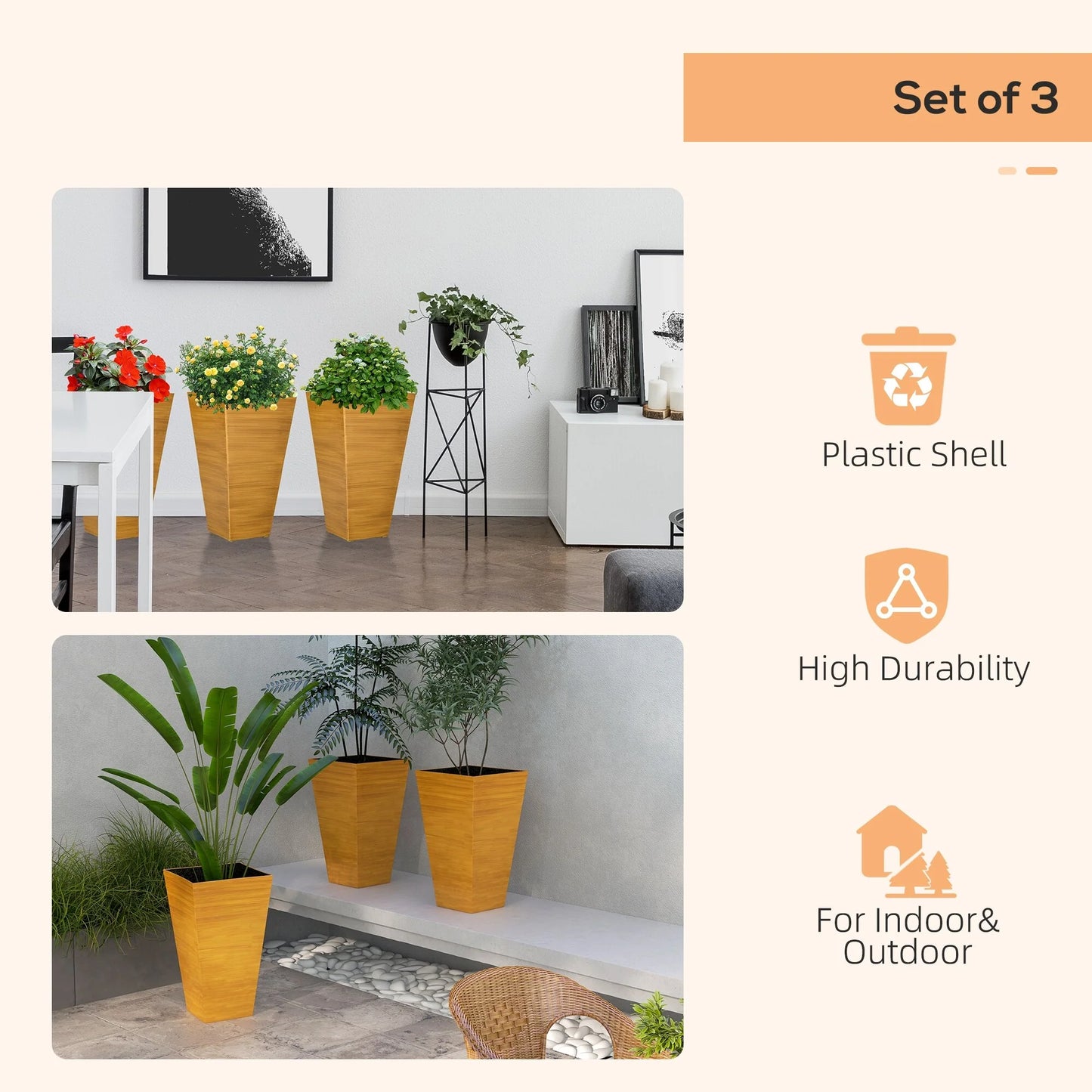Outsunny 28" Tall Outdoor Planters, Set of 3 Large Taper Planters with Drainage Holes and Plug