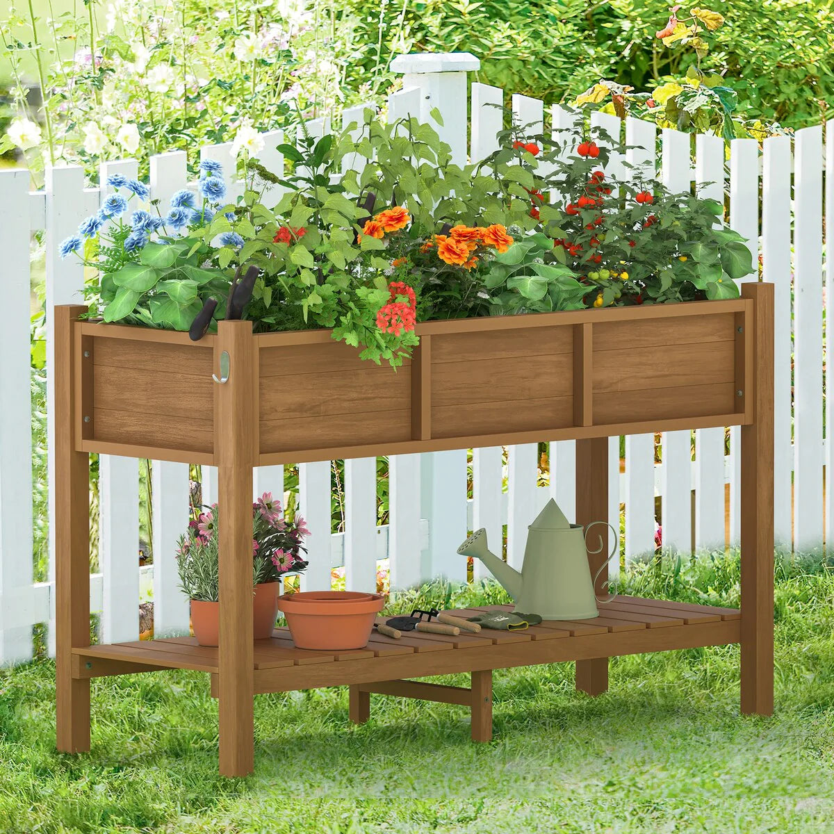 LUE BONA Patio Plastic Raised Elevated Garden Bed HDPS Planter Box Stand with Storage Shelf and Legs